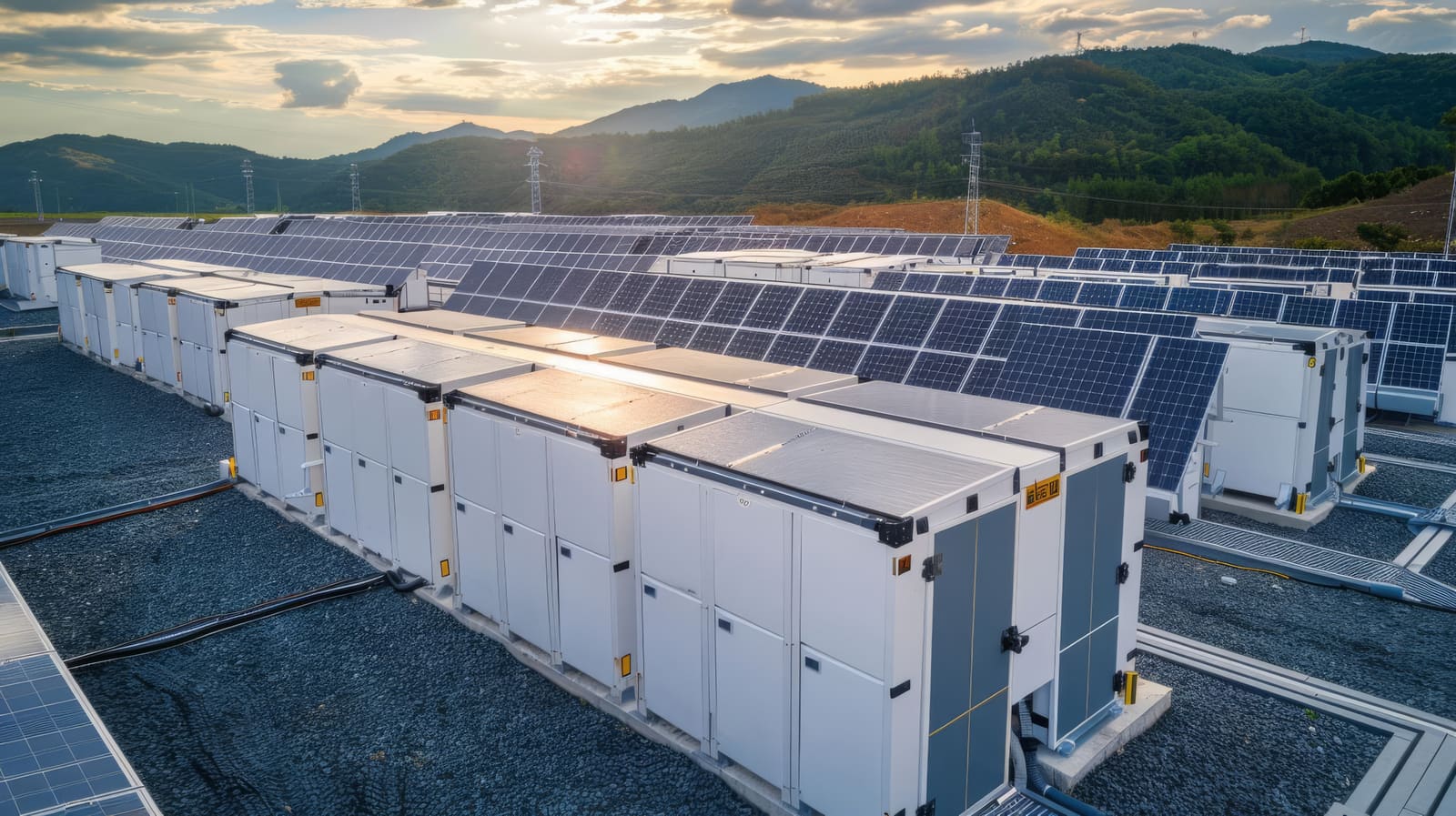 Utility-scale battery storage containers at a BESS facility under compliance testing